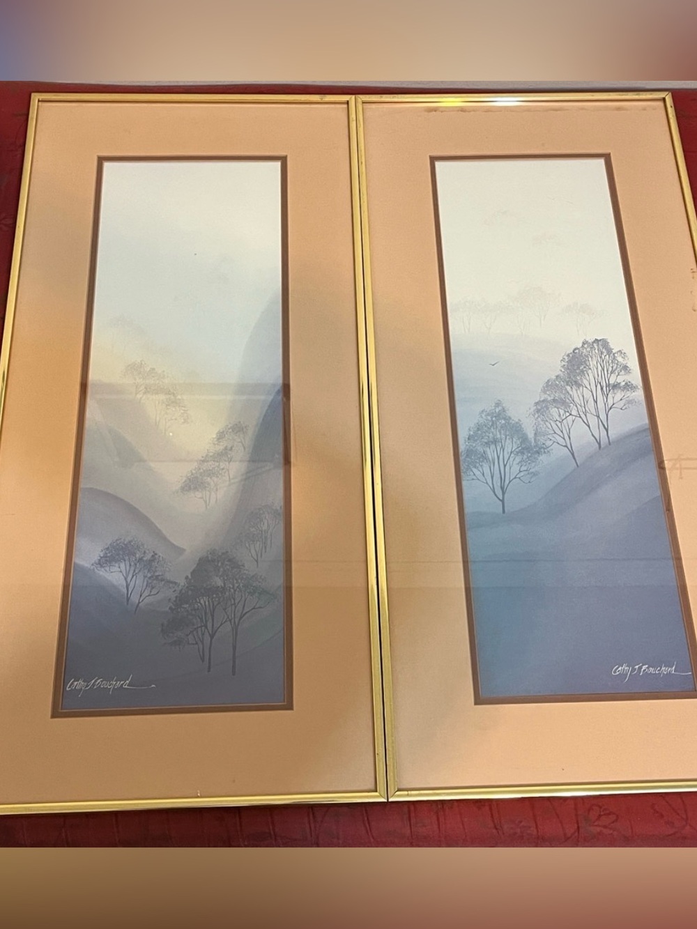 Vintage Cathy J Bouchard Gold Framed Lithograph Art Set Of 2 Winter Landscape